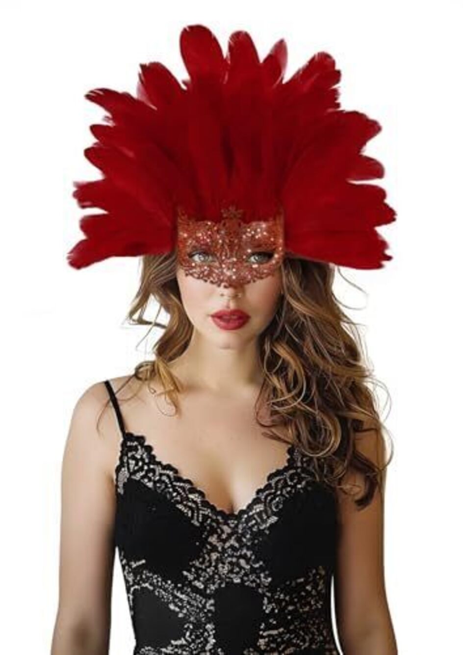 4296 Red Feather Masquerade Mask Headwear Carnival Headpiece Showgirl